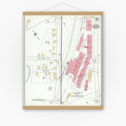 Old map wall art mockup — magnetic wood frame on white wall — Sanborn Fire Insurance Map from Clinton, Worcester County, Massachusetts (1919), Sheet #0019