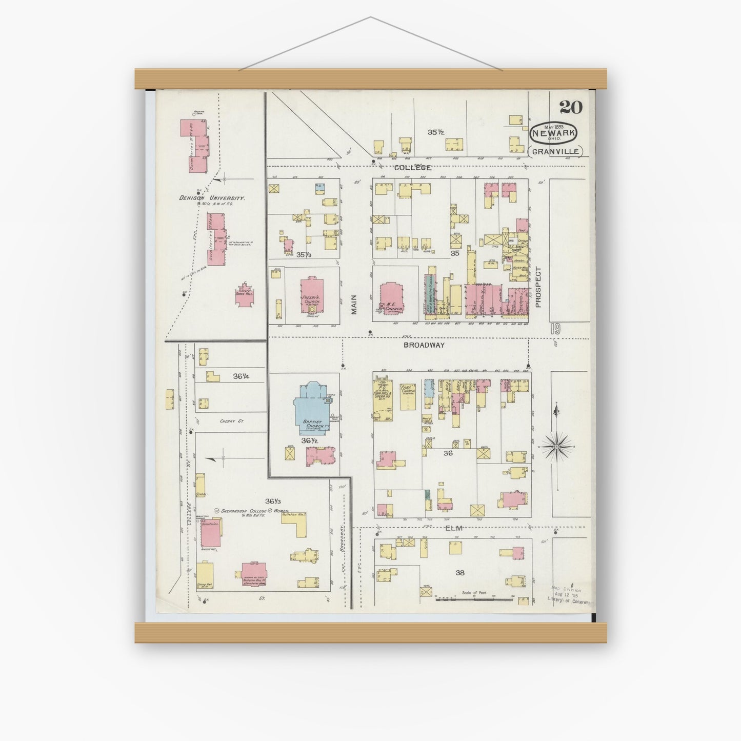 Old map wall art mockup — magnetic wood frame on white wall — Sanborn Fire Insurance Map from Newark, Licking County, Ohio (1893), Sheet #0020