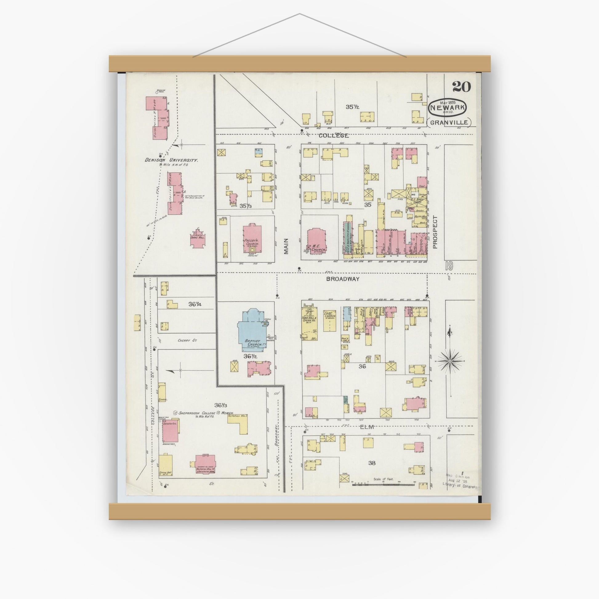 Old map wall art mockup — magnetic wood frame on white wall — Sanborn Fire Insurance Map from Newark, Licking County, Ohio (1893), Sheet #0020