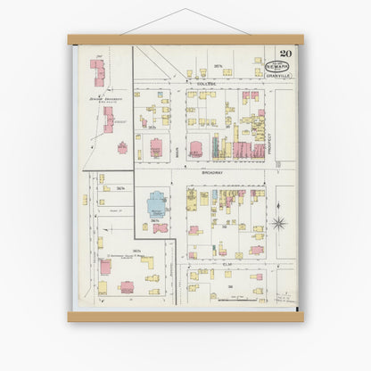 Old map wall art mockup — magnetic wood frame on white wall — Sanborn Fire Insurance Map from Newark, Licking County, Ohio (1893), Sheet #0020