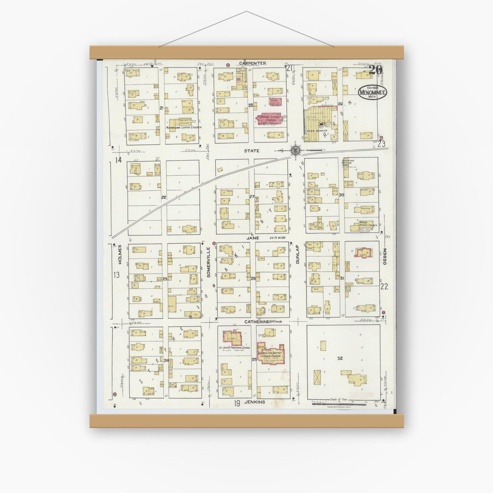 Old map wall art mockup — magnetic wood frame on white wall — Sanborn Fire Insurance Map from Menominee, Menominee County, Michigan (1921), Sheet #0020