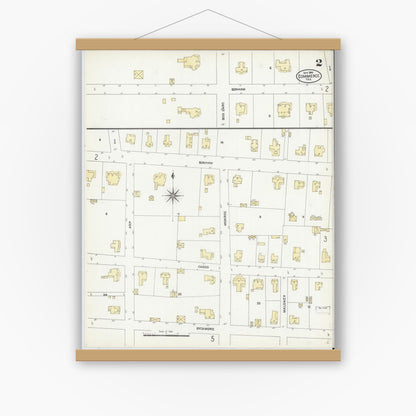 Old map wall art mockup — magnetic wood frame on white wall — Sanborn Fire Insurance Map from Commerce, Hunt County, Texas (1906), Sheet #0002