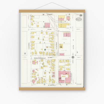 Old map wall art mockup — magnetic wood frame on white wall — Sanborn Fire Insurance Map from Raleigh, Wake County, North Carolina (1909), Sheet #0019
