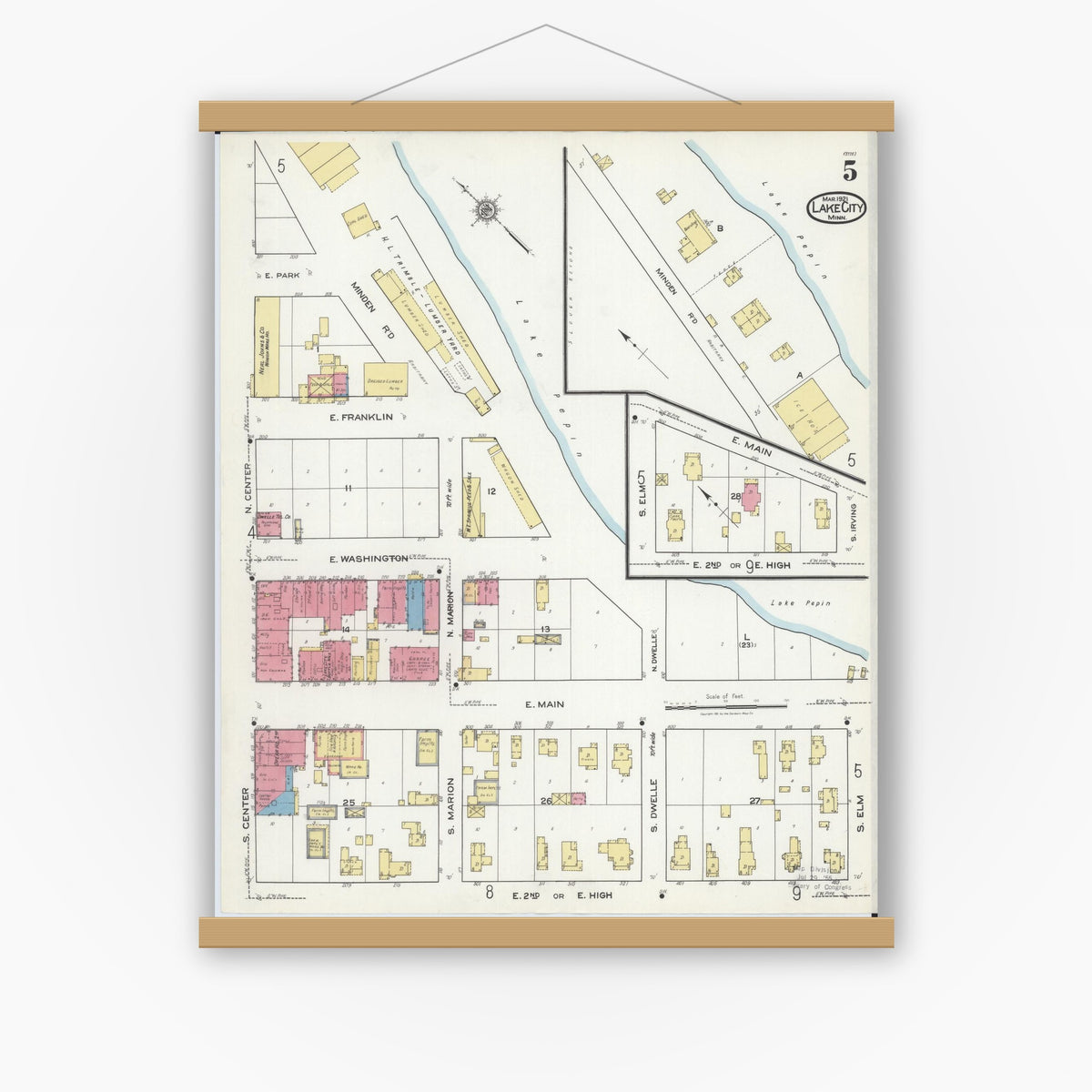 Old map wall art mockup — magnetic wood frame on white wall — Sanborn Fire Insurance Map from Lake City, Wabasha County, Minnesota (1921), Sheet #0005
