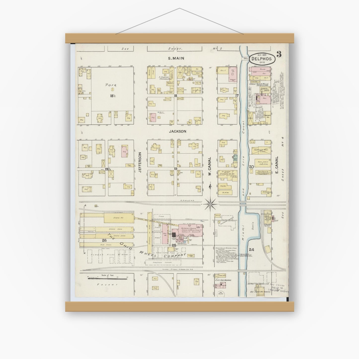 Old map wall art mockup — magnetic wood frame on white wall — Sanborn Fire Insurance Map from Delphos, Van Wert And Allen Counties, Ohio (1888), Sheet #0003