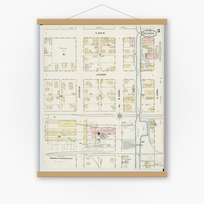 Old map wall art mockup — magnetic wood frame on white wall — Sanborn Fire Insurance Map from Delphos, Van Wert And Allen Counties, Ohio (1888), Sheet #0003