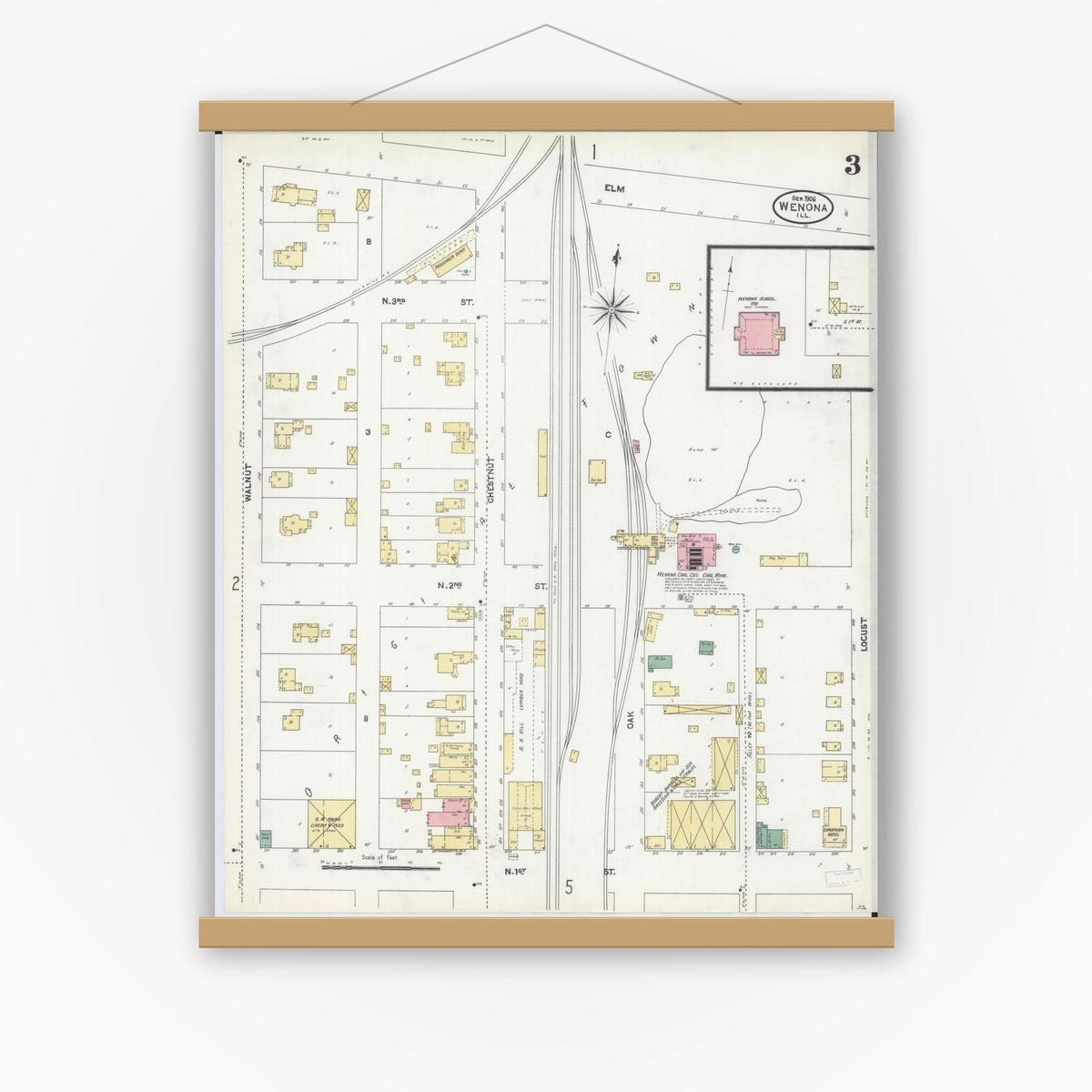 Old map wall art mockup — magnetic wood frame on white wall — Sanborn Fire Insurance Map from Wenona, Marshall County, Illinois (1906), Sheet #0003