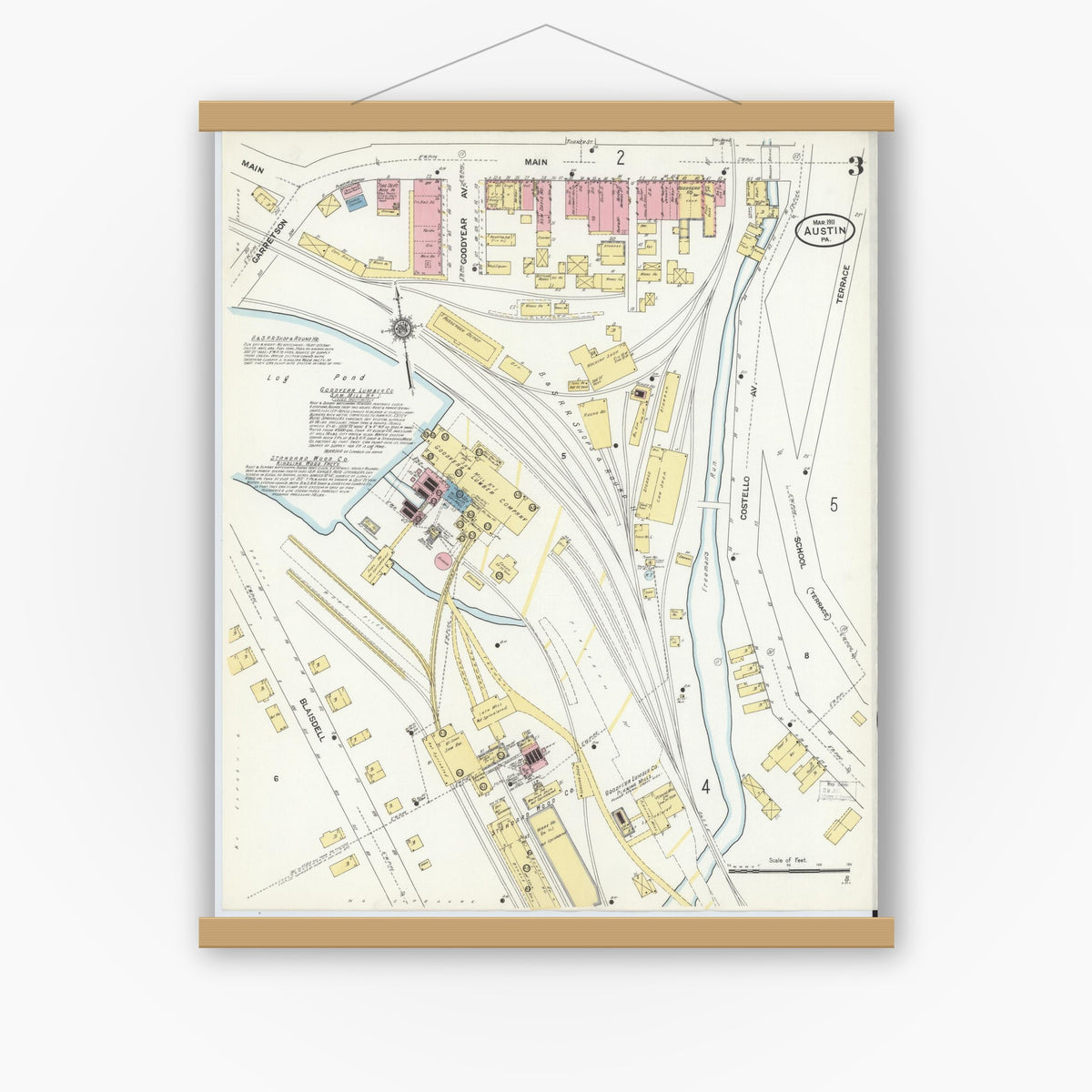 Old map wall art mockup — magnetic wood frame on white wall — Sanborn Fire Insurance Map from Austin, Potter County, Pennsylvania (1911), Sheet #0003