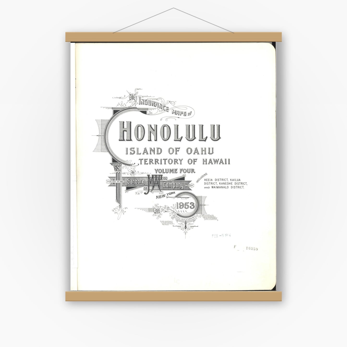 Old map wall art mockup — magnetic wood frame on white wall — Sanborn Fire Insurance Map from Honolulu, Oahu County, Hawaii (1953), Sheet #0001