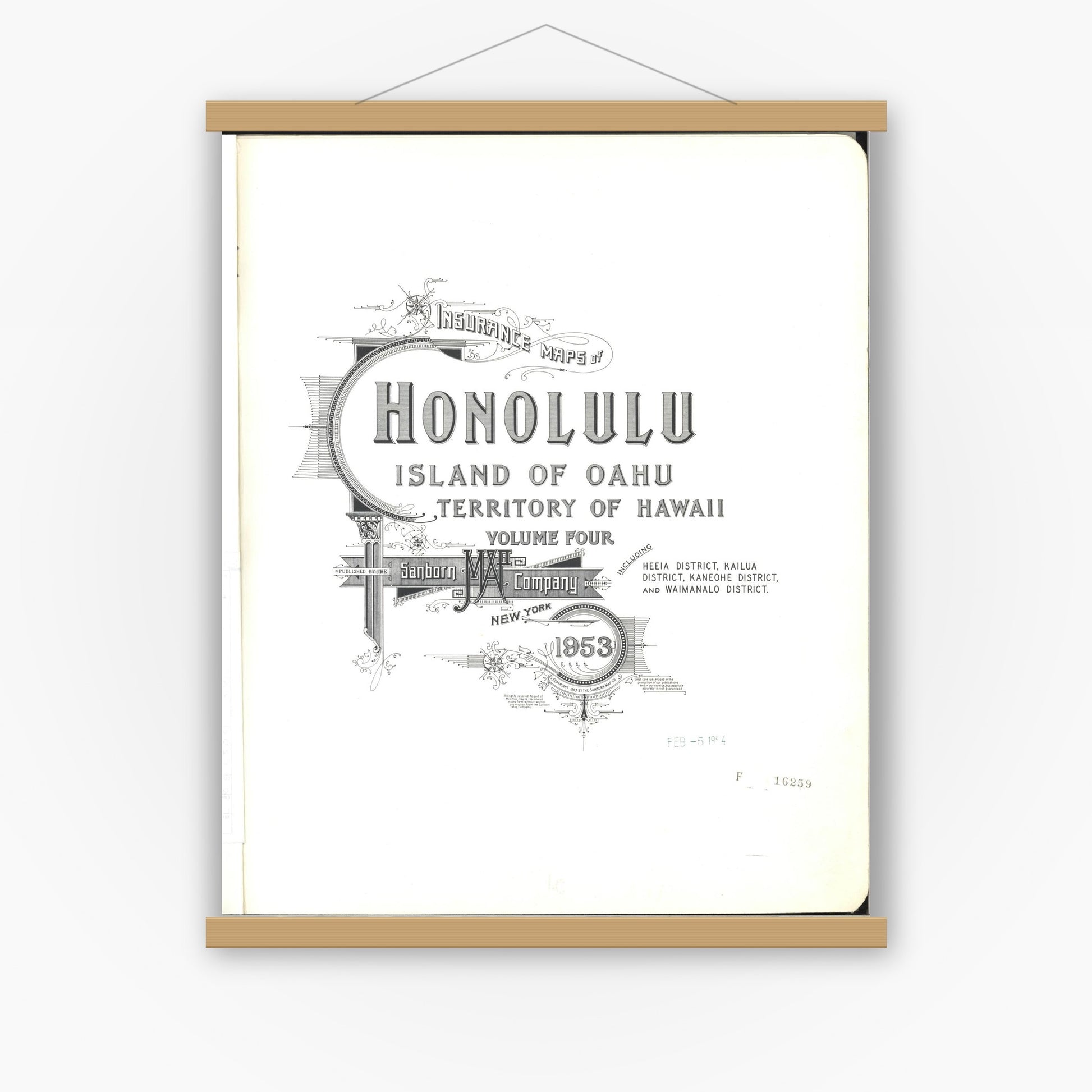 Old map wall art mockup — magnetic wood frame on white wall — Sanborn Fire Insurance Map from Honolulu, Oahu County, Hawaii (1953), Sheet #0001