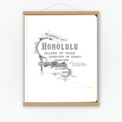 Old map wall art mockup — magnetic wood frame on white wall — Sanborn Fire Insurance Map from Honolulu, Oahu County, Hawaii (1953), Sheet #0001