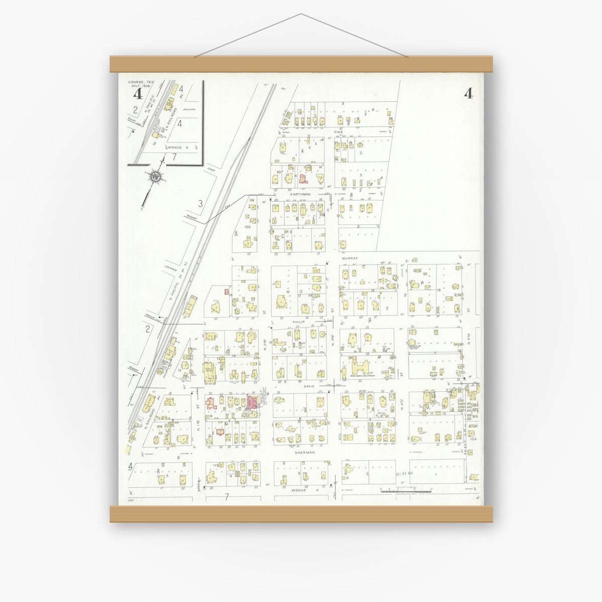 Old map wall art mockup — magnetic wood frame on white wall — Sanborn Fire Insurance Map from Conroe, Montgomery County, Texas (1938), Sheet #0004