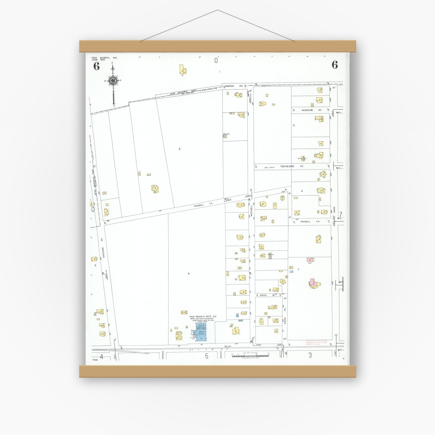 Old map wall art mockup — magnetic wood frame on white wall — Sanborn Fire Insurance Map from New Madrid, New Madrid County, Missouri (1950), Sheet #0006