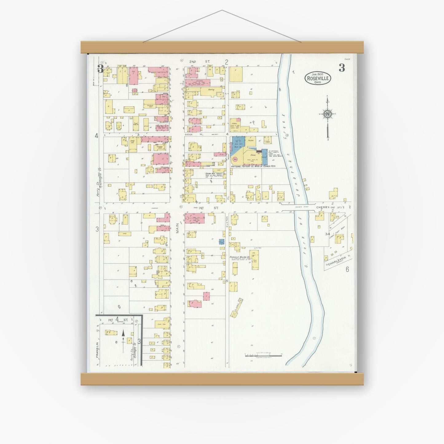 Old map wall art mockup — magnetic wood frame on white wall — Sanborn Fire Insurance Map from Roseville, Perry And Muskingum Counties, Ohio (1930), Sheet #0003