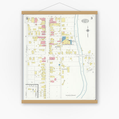 Old map wall art mockup — magnetic wood frame on white wall — Sanborn Fire Insurance Map from Roseville, Perry And Muskingum Counties, Ohio (1930), Sheet #0003