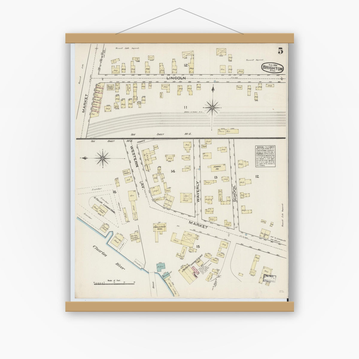 Old map wall art mockup — magnetic wood frame on white wall — Sanborn Fire Insurance Map from Brighton, Suffolk County, Massachusetts (1884), Sheet #0005
