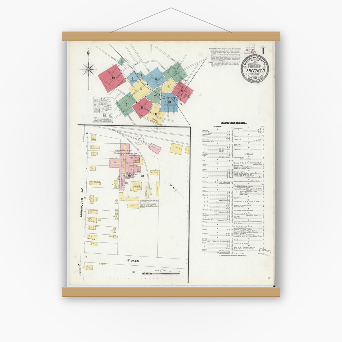 Old map wall art mockup — magnetic wood frame on white wall — Sanborn Fire Insurance Map from Freehold, Monmouth County, New Jersey (1909) - Complete Map Set