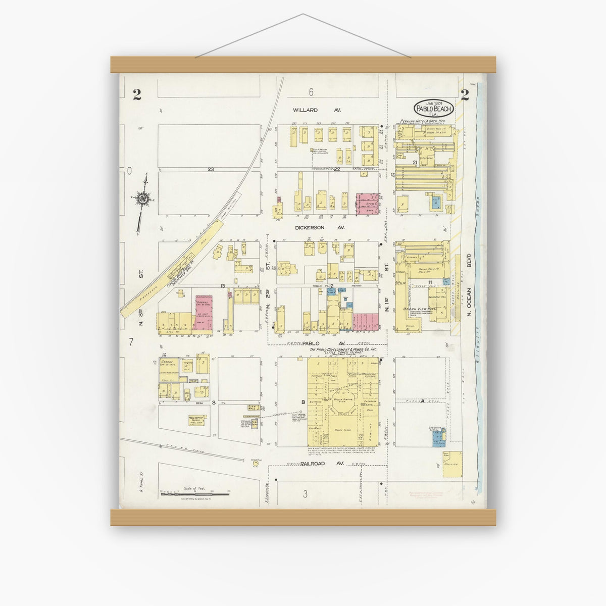 Old map wall art mockup — magnetic wood frame on white wall — Sanborn Fire Insurance Map from Pablo Beach, Duval County, Florida (1924), Sheet #0002