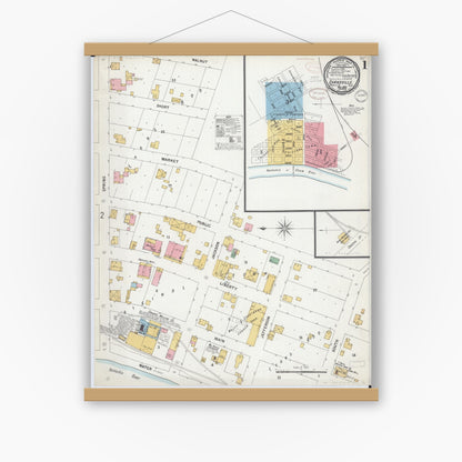 Old map wall art mockup — magnetic wood frame on white wall — Sanborn Fire Insurance Map from Evansville, Randolph County, Illinois (1899), Sheet #0001