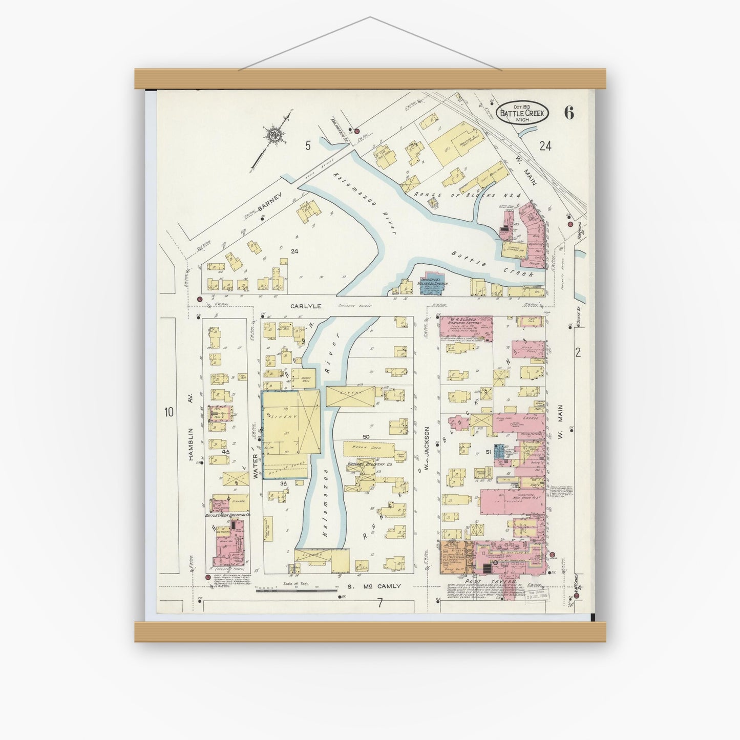 Old map wall art mockup — magnetic wood frame on white wall — Sanborn Fire Insurance Map from Battle Creek, Calhoun County, Michigan (1913), Sheet #0006