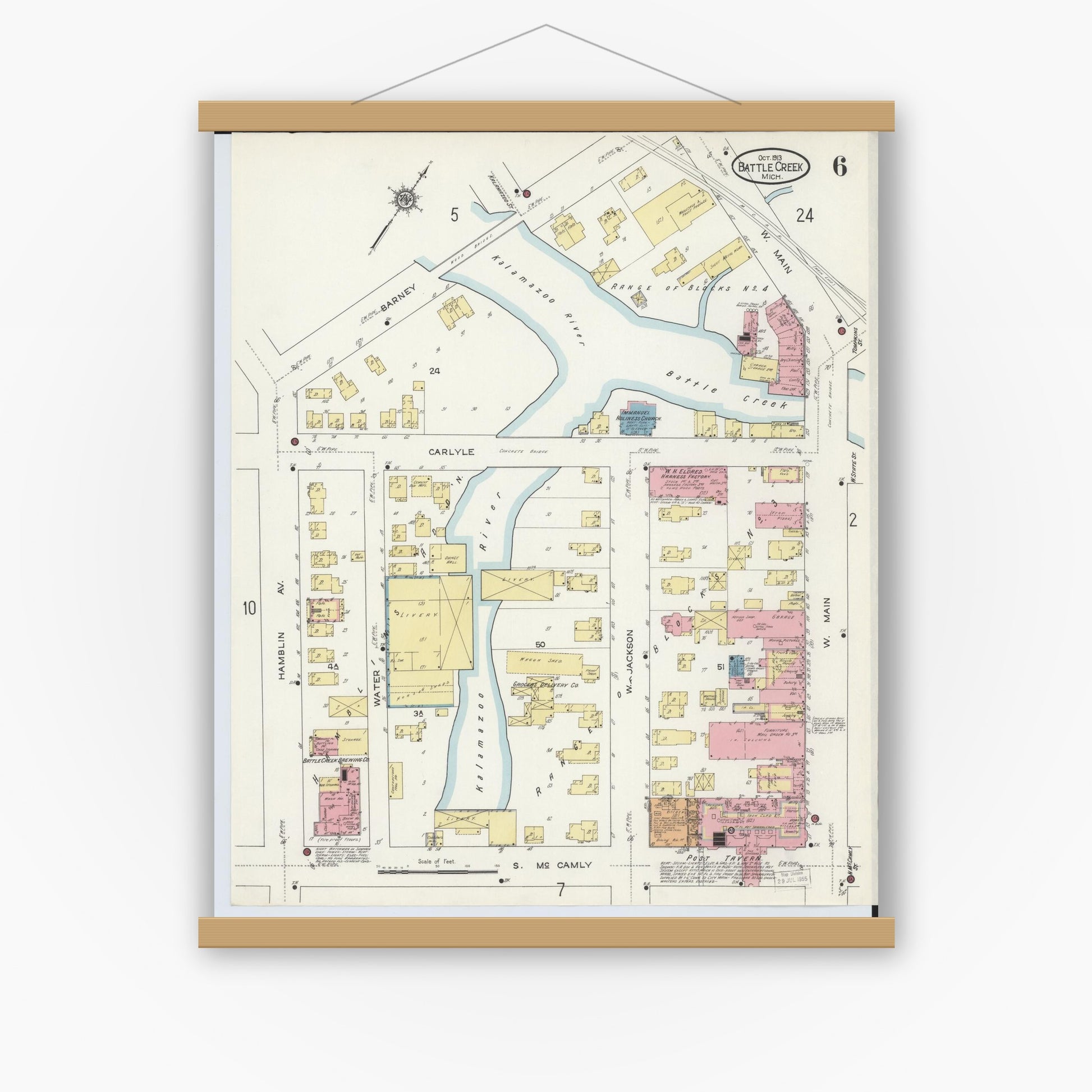 Old map wall art mockup — magnetic wood frame on white wall — Sanborn Fire Insurance Map from Battle Creek, Calhoun County, Michigan (1913), Sheet #0006