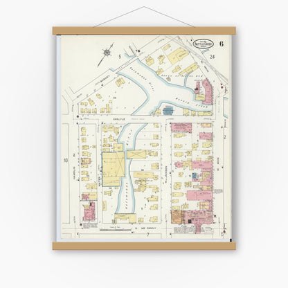 Old map wall art mockup — magnetic wood frame on white wall — Sanborn Fire Insurance Map from Battle Creek, Calhoun County, Michigan (1913), Sheet #0006