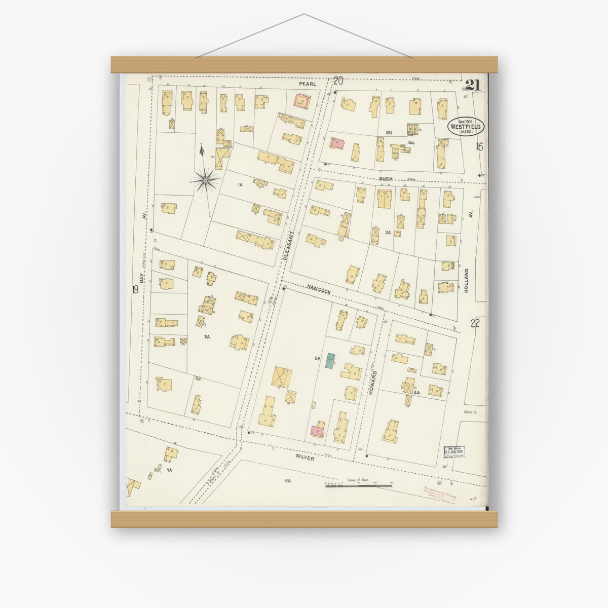 Old map wall art mockup — magnetic wood frame on white wall — Sanborn Fire Insurance Map from Westfield, Hampden County, Massachusetts (1905), Sheet #0021