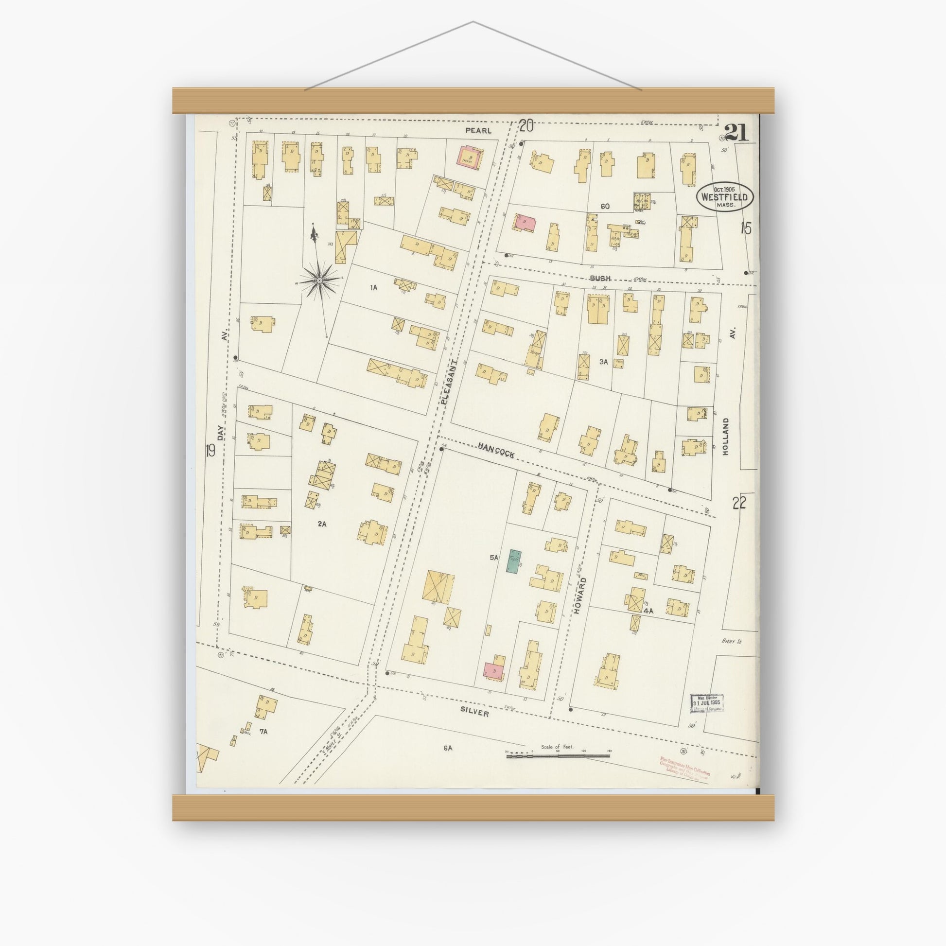 Old map wall art mockup — magnetic wood frame on white wall — Sanborn Fire Insurance Map from Westfield, Hampden County, Massachusetts (1905), Sheet #0021