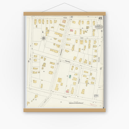 Old map wall art mockup — magnetic wood frame on white wall — Sanborn Fire Insurance Map from Westfield, Hampden County, Massachusetts (1905), Sheet #0021