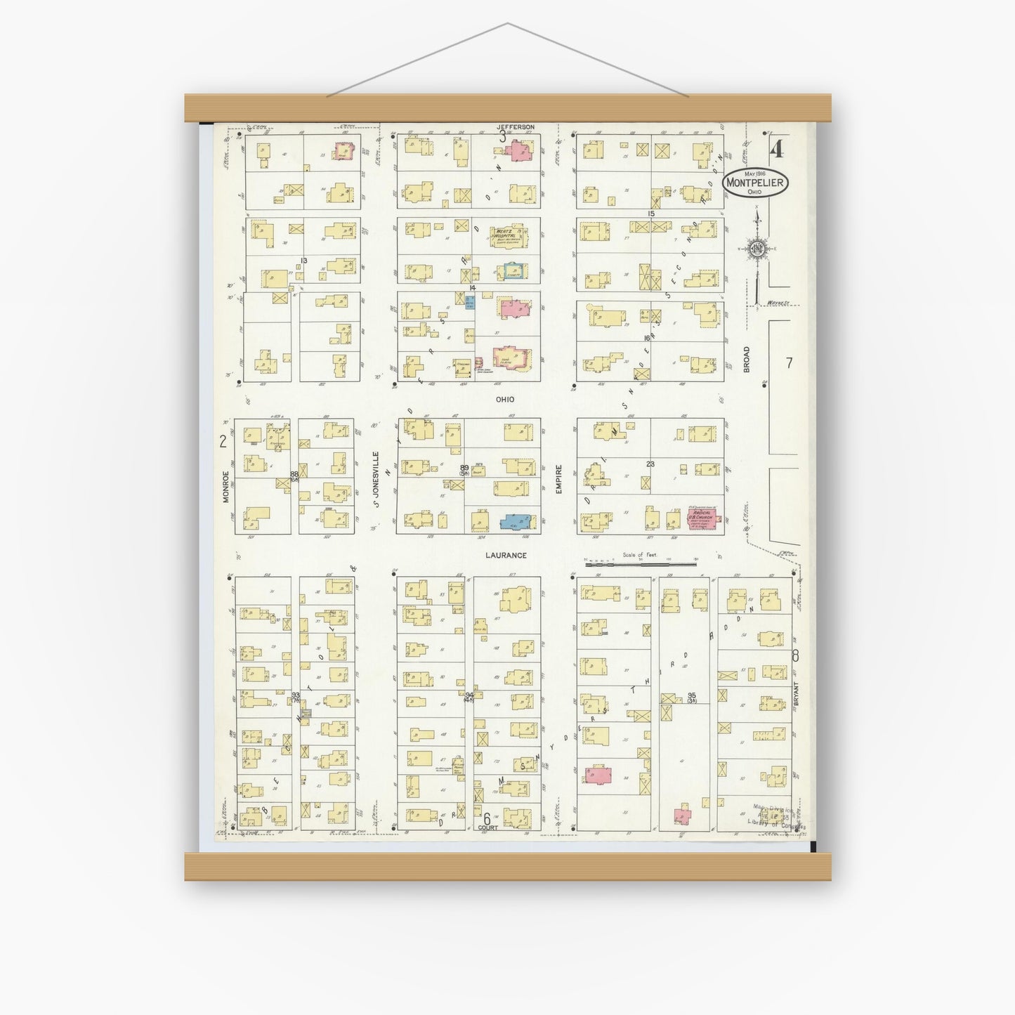 Old map wall art mockup — magnetic wood frame on white wall — Sanborn Fire Insurance Map from Montpelier, Williams County, Ohio (1916), Sheet #0004