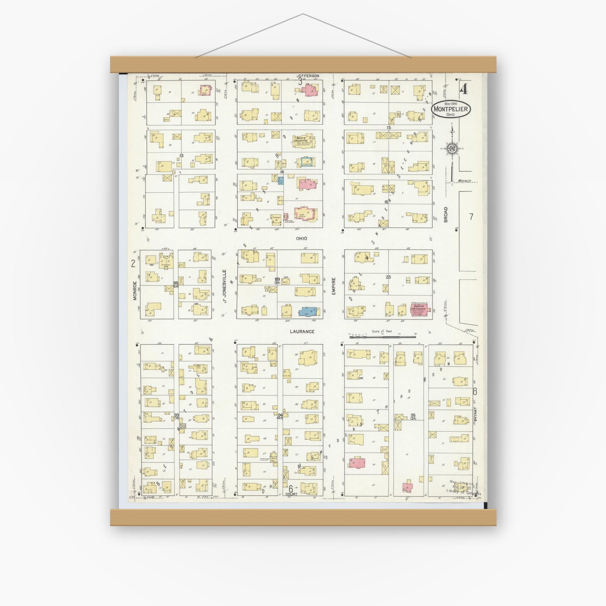 Old map wall art mockup — magnetic wood frame on white wall — Sanborn Fire Insurance Map from Montpelier, Williams County, Ohio (1916), Sheet #0004