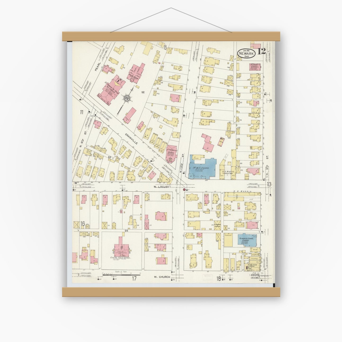 Old map wall art mockup — magnetic wood frame on white wall — Sanborn Fire Insurance Map from Newark, Licking County, Ohio (1912), Sheet #0012