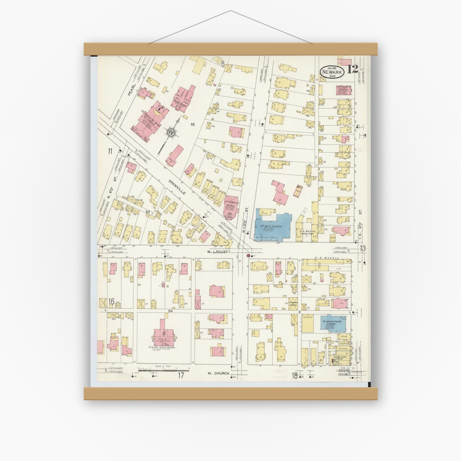 Old map wall art mockup — magnetic wood frame on white wall — Sanborn Fire Insurance Map from Newark, Licking County, Ohio (1912), Sheet #0012