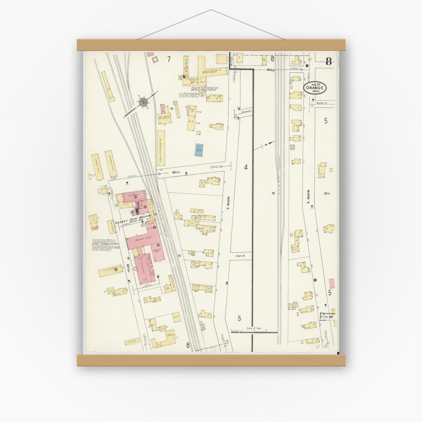 Old map wall art mockup — magnetic wood frame on white wall — Sanborn Fire Insurance Map from Orange, Franklin County, Massachusetts (1911), Sheet #0008