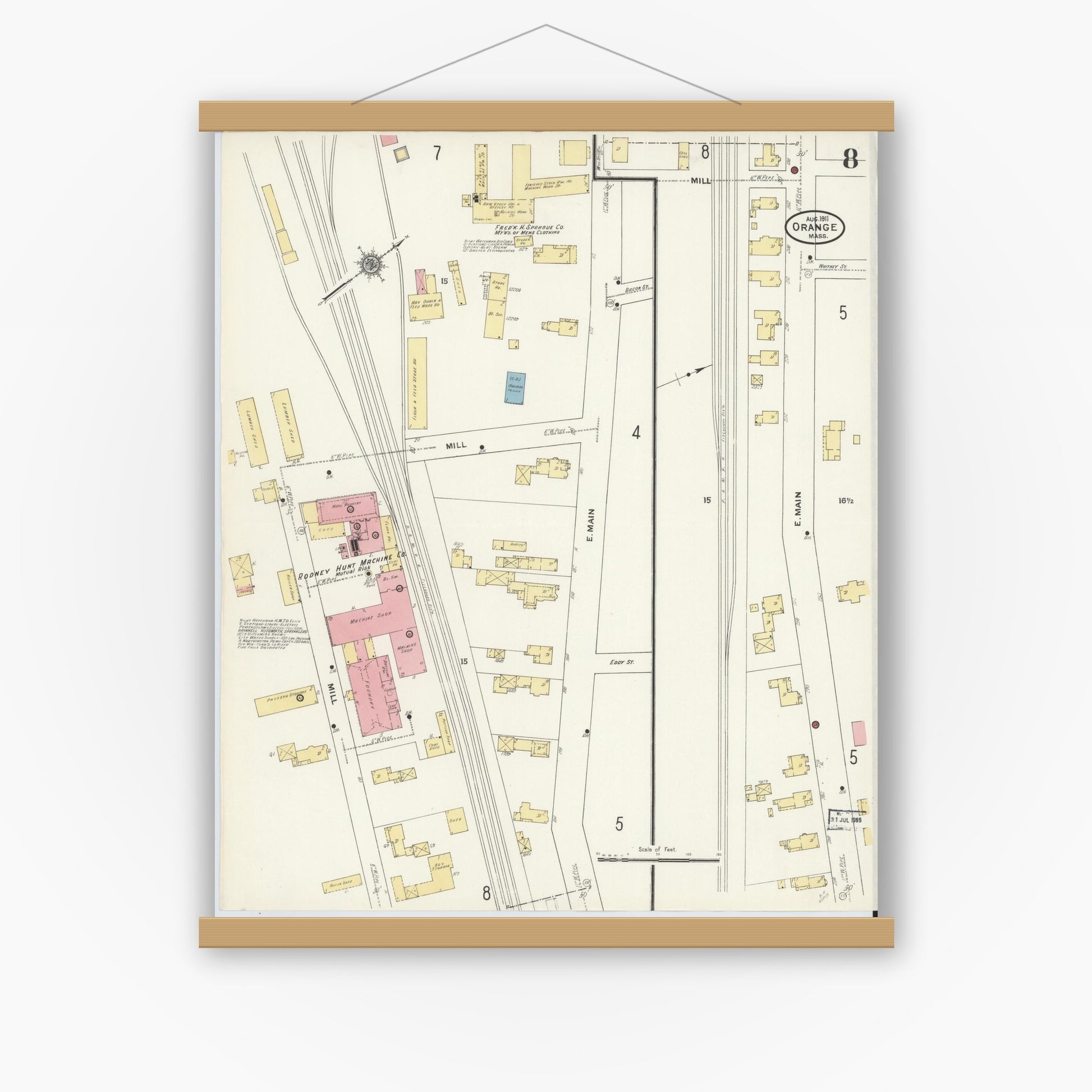 Old map wall art mockup — magnetic wood frame on white wall — Sanborn Fire Insurance Map from Orange, Franklin County, Massachusetts (1911), Sheet #0008