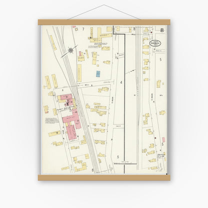 Old map wall art mockup — magnetic wood frame on white wall — Sanborn Fire Insurance Map from Orange, Franklin County, Massachusetts (1911), Sheet #0008