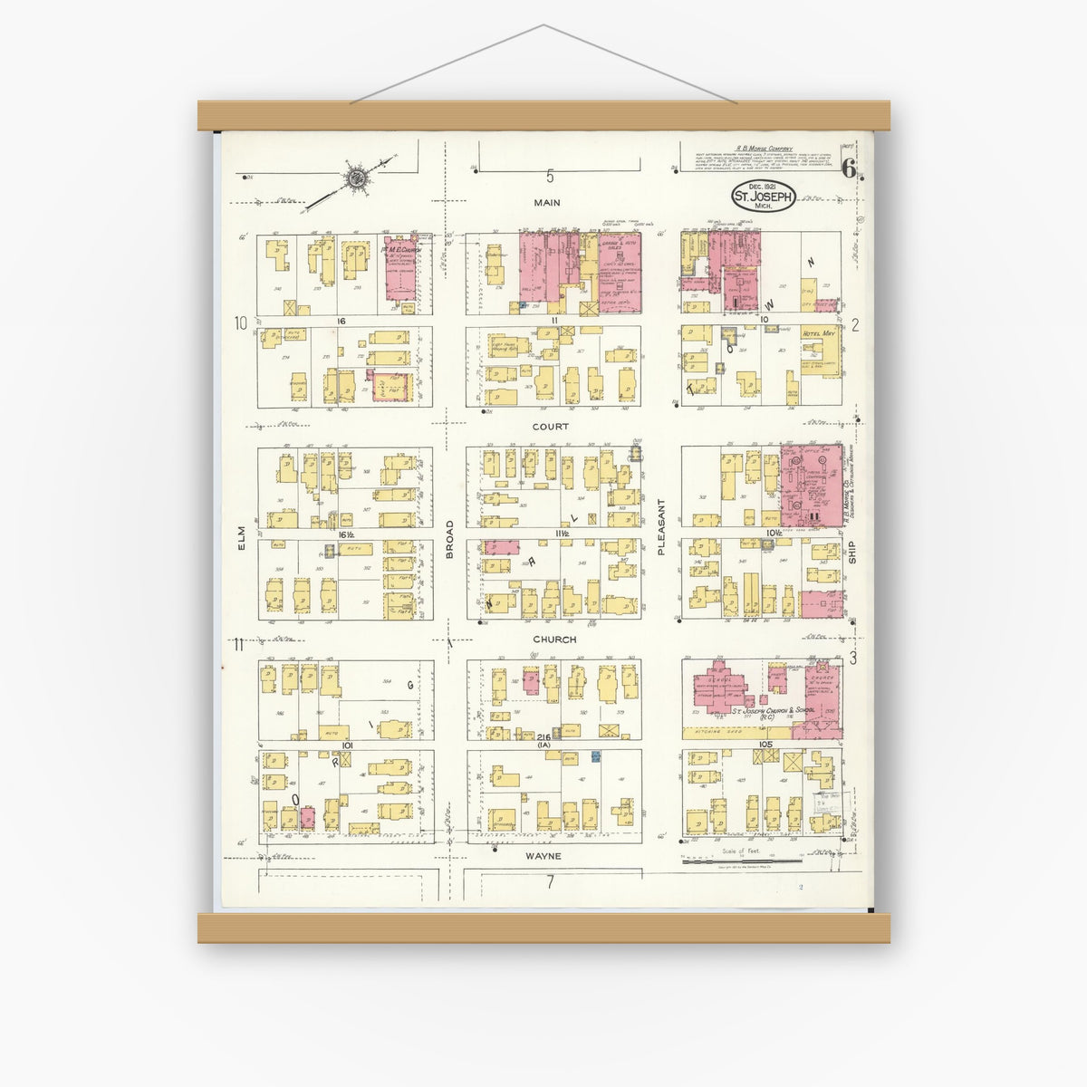 Old map wall art mockup — magnetic wood frame on white wall — Sanborn Fire Insurance Map from Saint Joseph, Berrien County, Michigan (1921), Sheet #0006