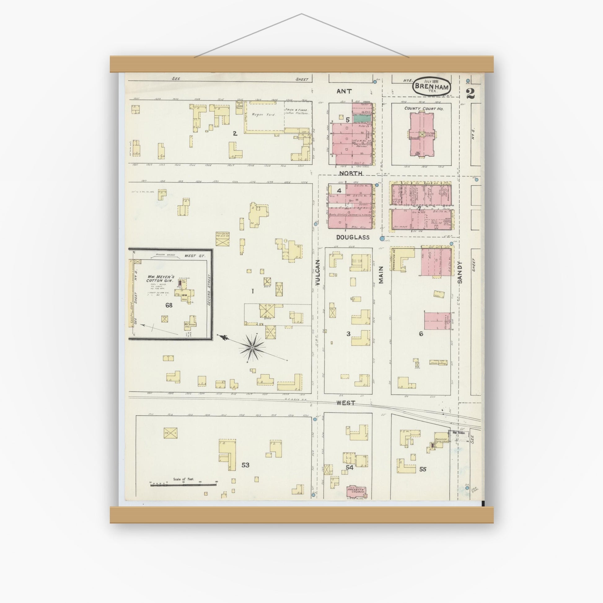 Old map wall art mockup — magnetic wood frame on white wall — Sanborn Fire Insurance Map from Brenham, Washington County, Texas (1891), Sheet #0002
