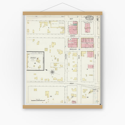 Old map wall art mockup — magnetic wood frame on white wall — Sanborn Fire Insurance Map from Brenham, Washington County, Texas (1891), Sheet #0002