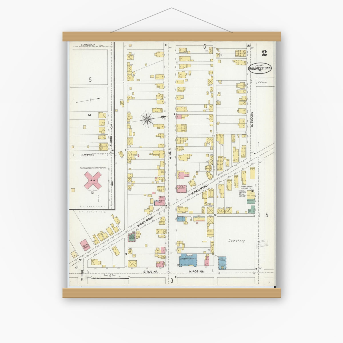 Old map wall art mockup — magnetic wood frame on white wall — Sanborn Fire Insurance Map from Hummelstown, Dauphin County, Pennsylvania (1902), Sheet #0002