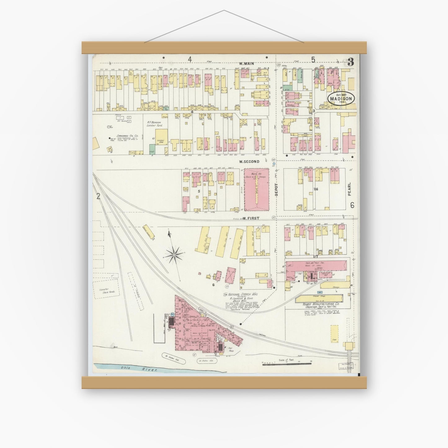 Old map wall art mockup — magnetic wood frame on white wall — Sanborn Fire Insurance Map from Madison, Jefferson County, Indiana (1897), Sheet #0003