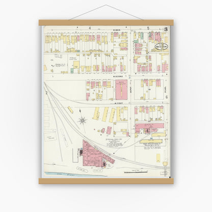 Old map wall art mockup — magnetic wood frame on white wall — Sanborn Fire Insurance Map from Madison, Jefferson County, Indiana (1897), Sheet #0003