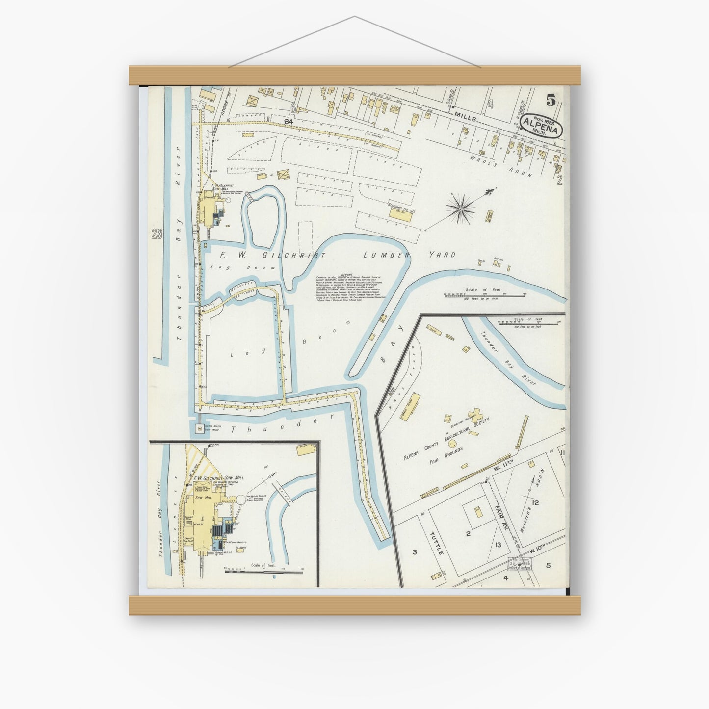 Old map wall art mockup — magnetic wood frame on white wall — Sanborn Fire Insurance Map from Alpena, Alpena County, Michigan (1895), Sheet #0005