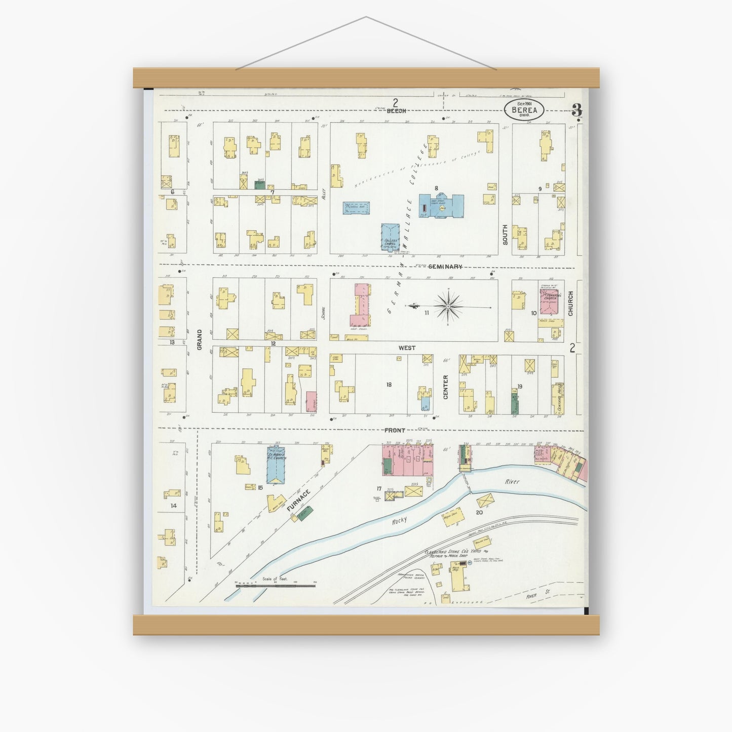 Old map wall art mockup — magnetic wood frame on white wall — Sanborn Fire Insurance Map from Berea, Cuyahoga County, Ohio (1901), Sheet #0003