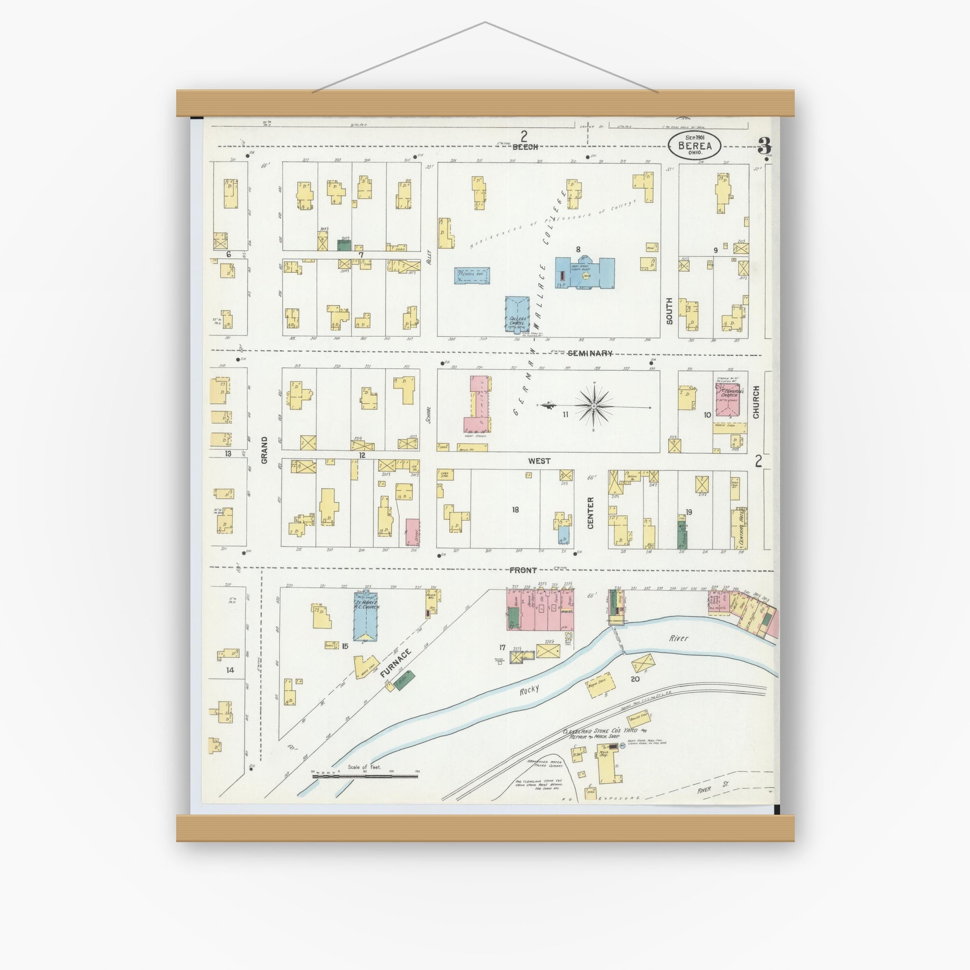 Old map wall art mockup — magnetic wood frame on white wall — Sanborn Fire Insurance Map from Berea, Cuyahoga County, Ohio (1901), Sheet #0003