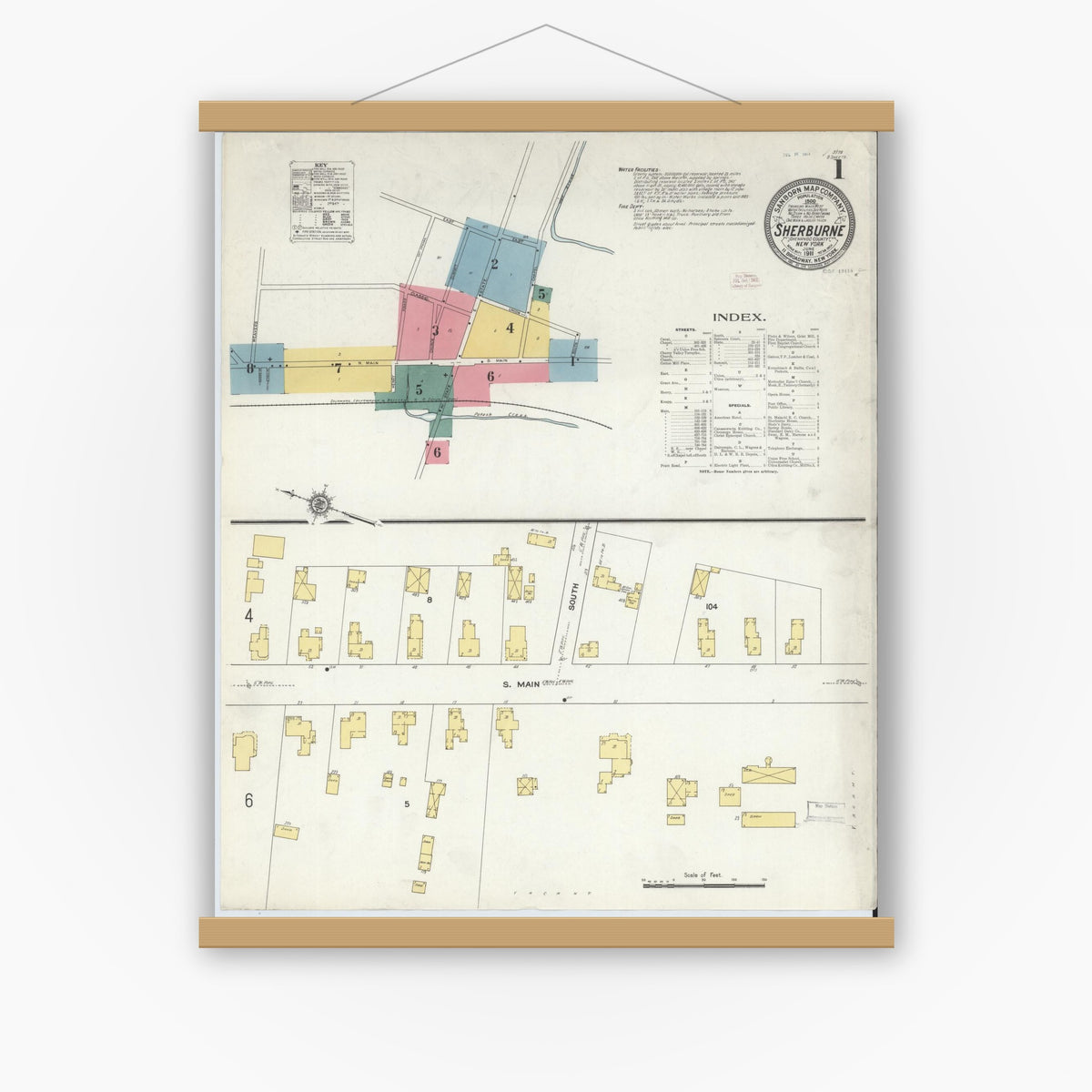 Old map wall art mockup — magnetic wood frame on white wall — Sanborn Fire Insurance Map from Sherburne, Chenango County, New York (1911) - Complete Map Set