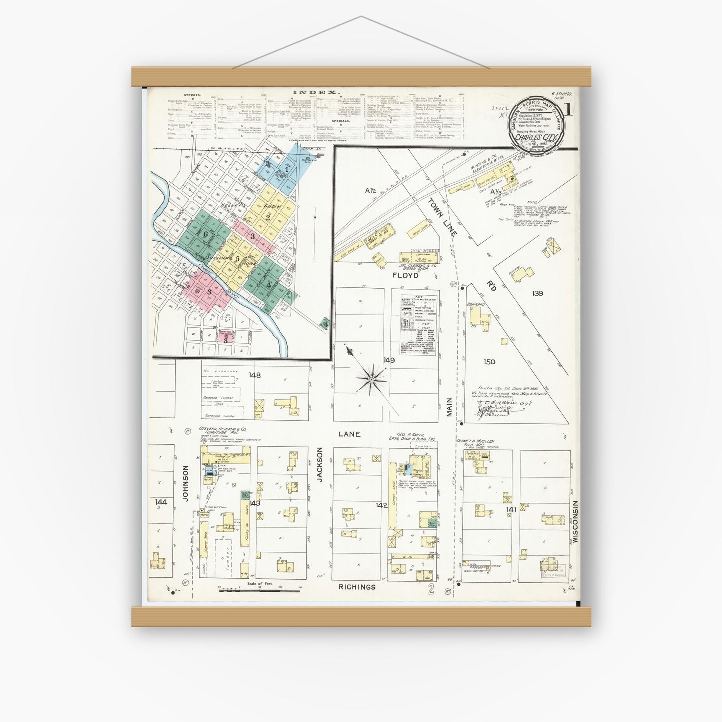 Old map wall art mockup — magnetic wood frame on white wall — Sanborn Fire Insurance Map from Charles City, Floyd County, Iowa (1892) â€” Complete Set