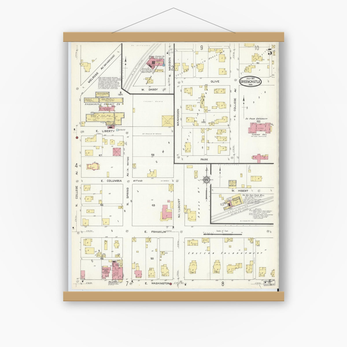 Old map wall art mockup — magnetic wood frame on white wall — Sanborn Fire Insurance Map from Greencastle, Putnam County, Indiana (1913), Sheet #0005