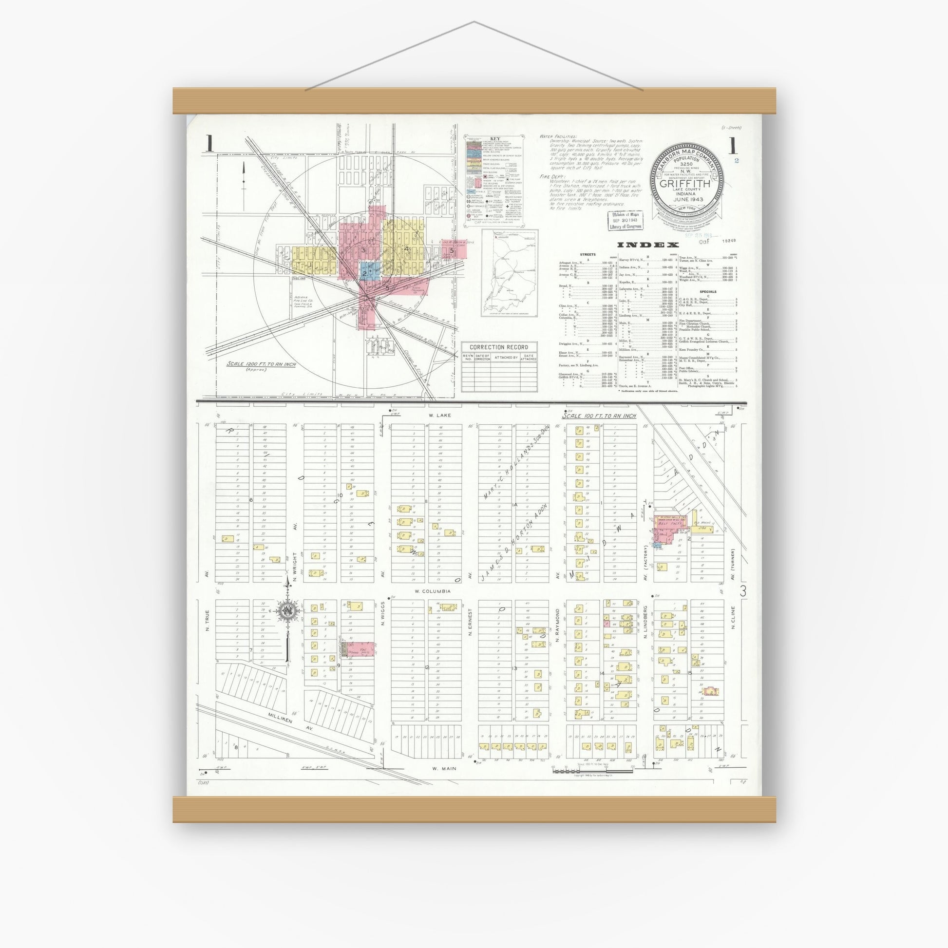 Old map wall art mockup — magnetic wood frame on white wall — Sanborn Fire Insurance Map from Griffith, Lake County, Indiana (1943), Sheet #0001