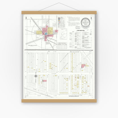 Old map wall art mockup — magnetic wood frame on white wall — Sanborn Fire Insurance Map from Griffith, Lake County, Indiana (1943), Sheet #0001